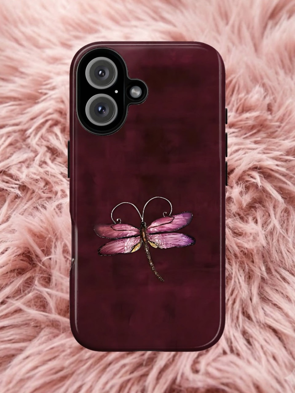 Burgundy Phone Case with Pink Dragonfly Accent by